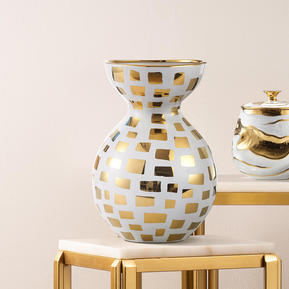 Agrippina Handmade White & Gold Decorative Ceramic Vase for Living Room Modern Home Decoration Accent Piece