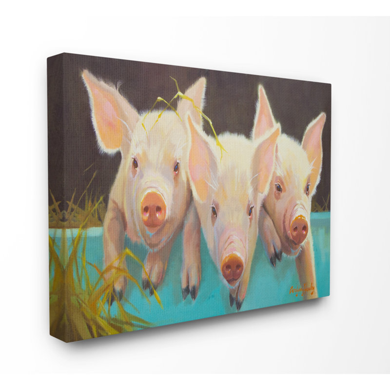 Porcelets roses dans un seau bleu par Carolyne Hawley - reproduction d'art sur bois, H 24 po x l 30 po x P 1,5 po, Toile
