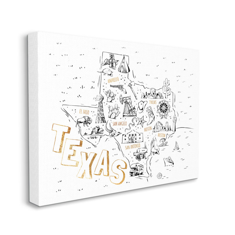 Carte du Texas, points de repère, diagramme, par Ziwei Li - impression, Toile tendue, H 16 po x l 20 po