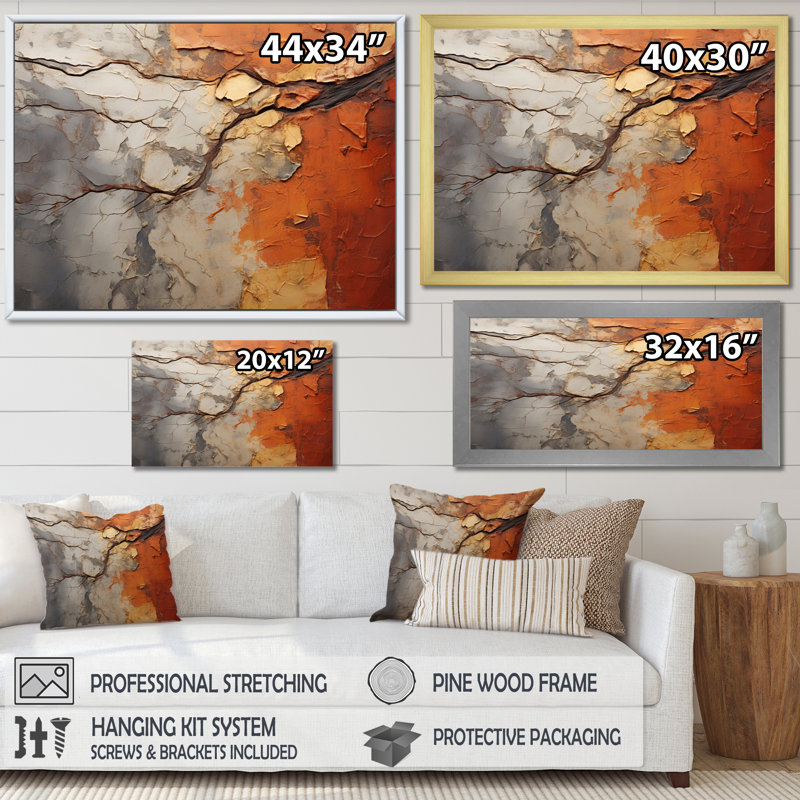 Orange, gris, séquoia abstrait, collage - arbre, séquoia, grand art mural, H 34 po x l 44 po x P 1,5 po