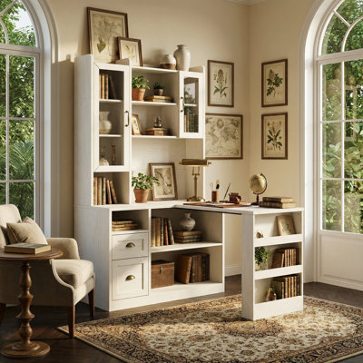 Bureau en coin en L blanc avec huche et tablettes de rangement - grand bureau de direction à domicile avec tiroirs, étagères ouvertes et armoire en verre
