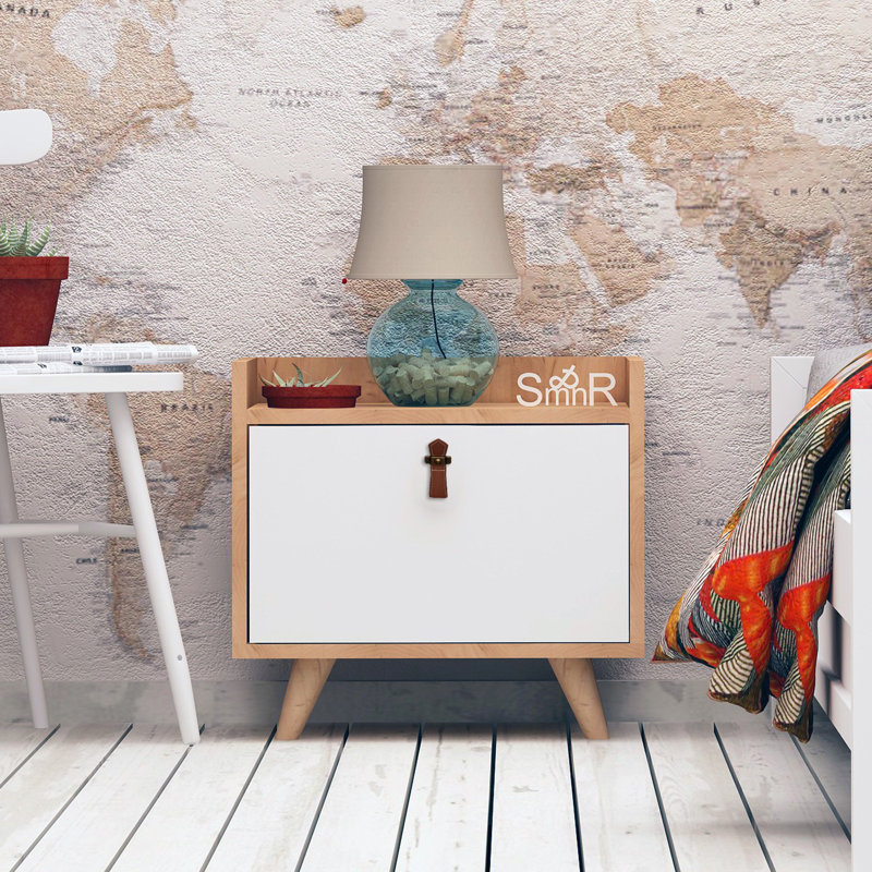 Cheyenne 50cm W Manufactured Wood Bedside Table, White/Walnut