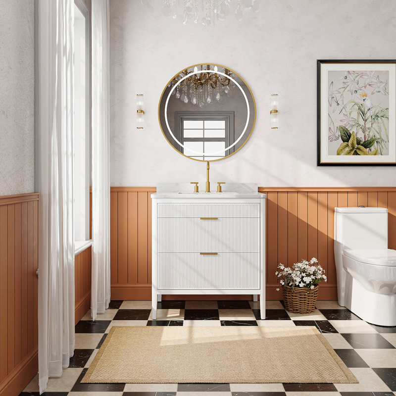 Ensemble de meuble-lavabo autoportant blanc 36 po avec 2 ensembles de poignées et un plateau en marbre d'ingénierie entièrement assemblé