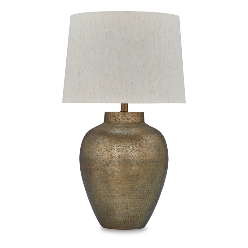 Antique Gold Hammered Aluminum Table Lamp with Beige Shade