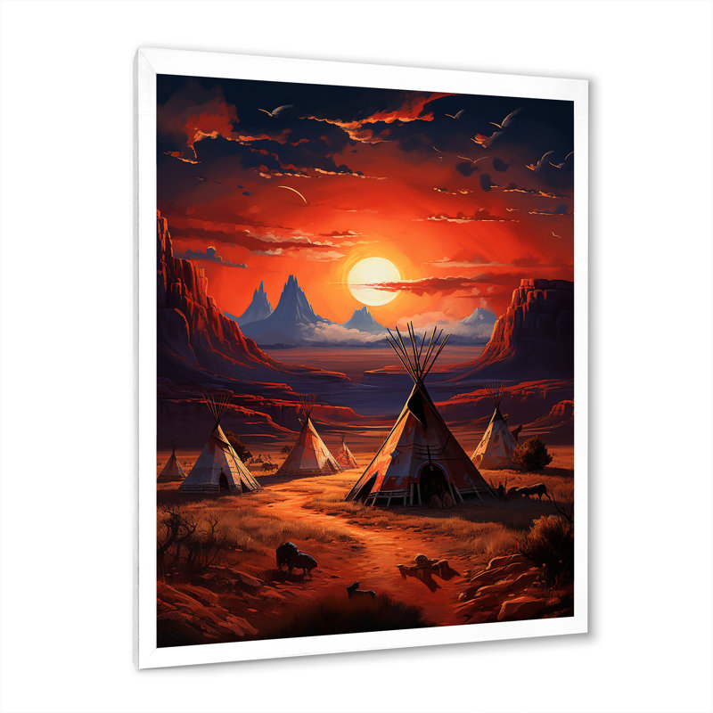 " Red Native Tipi Ancient Pathways II ", 32" H x 16" W x 1" D, White Picture Framed