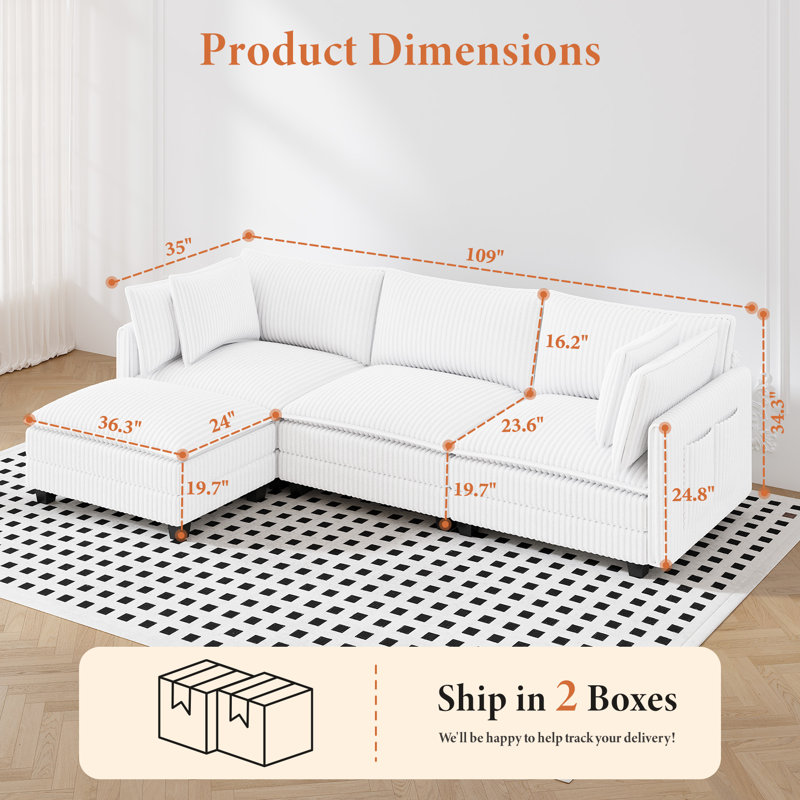109" L Shaped Cloud Modular Sofa With 1 Ottoman, White