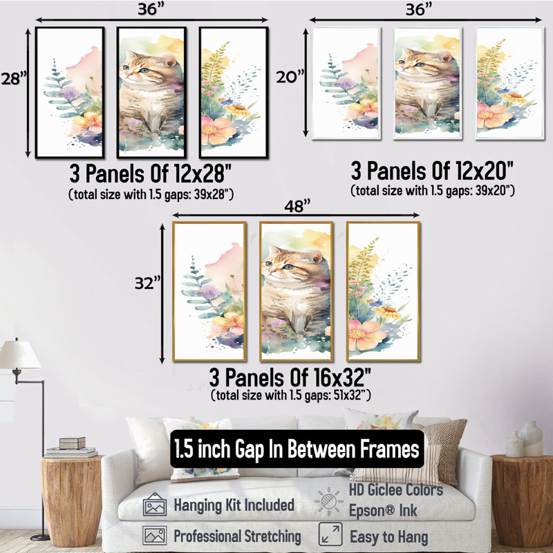 Petit chaton entouré de fleurs colorées I - animaux, art mural sur toile_80574, H 32 po x l 48 po x P 1 po