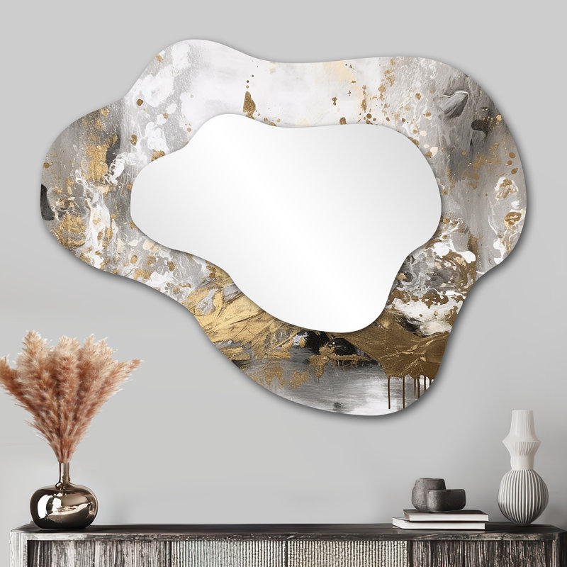 Modern White And Gold Abstract - Irregular Abstract Assymetrical Modern Unique Wall Mirror, 27" x 35"