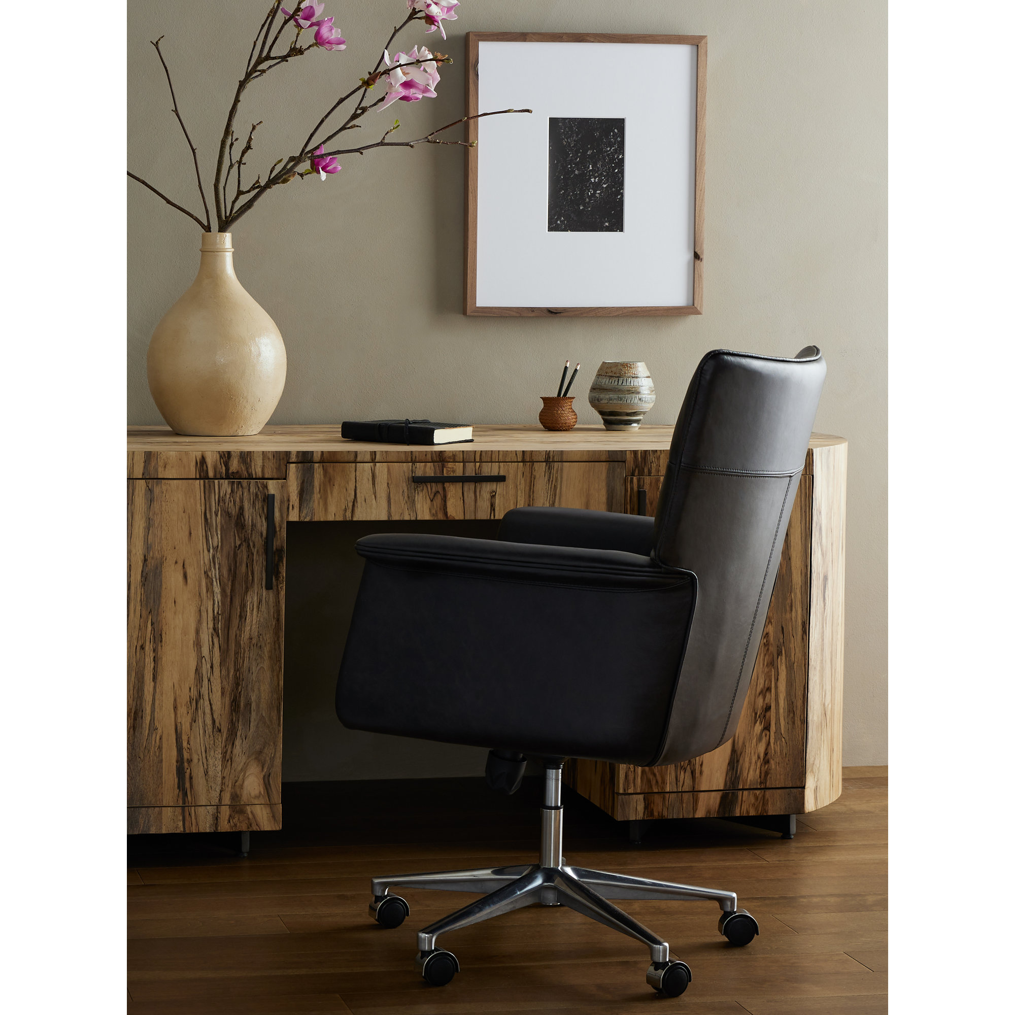 Savita Swivel Office Chair, Sonoma Black Genuine Leather