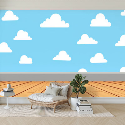 Papier peint adhésif auto-adhésif moderne pour plancher de bois bleu ciel l 96 "x H 69" Pez and Stick