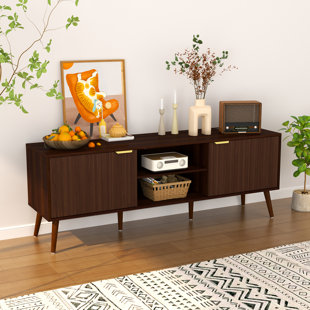 Mid Century Modern TV Stand for TVs up to 70 Inches | Media Console with Power Outlet (USB and Type‑C), Wave Pattern Cabinet Doors, Gold Hardware, Adjustable Shelf, Elevated Legs for Robot Vacuum – Walnut Finish