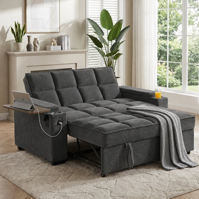 64" Convertible Sleeper Sofa Bed with 6-Position Adjustable Backrest, Pull-Out Bed, USB Charging, Cup Holders, Rotating Side Table and Storage, Polka Dot Fabric,for Living Room, Apartment, Small Space