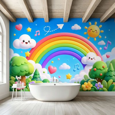 Peel and Stick Wallpaper Wall Mural Colorful Rainbow Landscape Cute Smiling Sun Clouds Hearts Musical Wall Art Self Adhesive and Removable