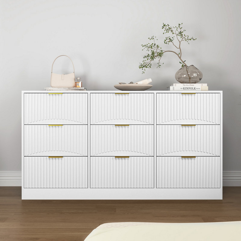 Commode 9 tiroirs, commode en bois pour chambre à coucher, Blanc
