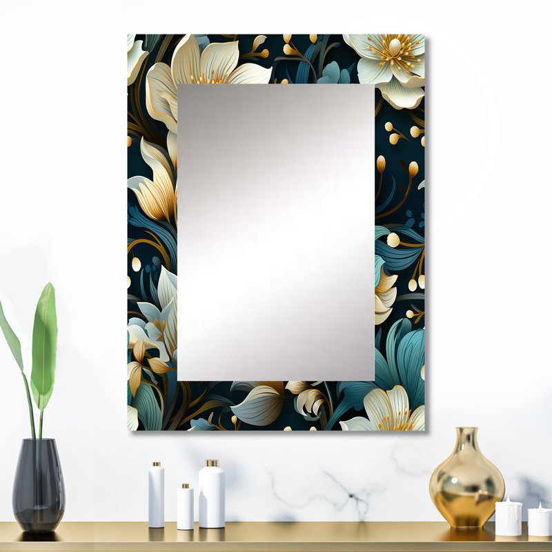 Green And Beige Wines Flowers - Floral Decorative Wall Mirror, Floral Mirror, Printed Metal Art, 32" x 24"