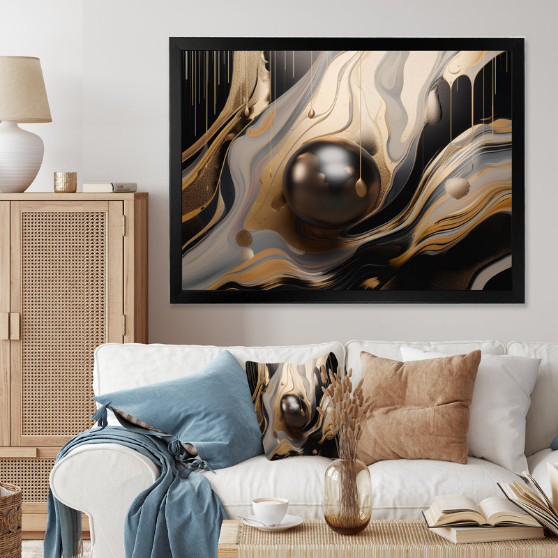Or et noir marbré Euphoria I - impression abstraite sur toile marbrée, Impression noire sur toile encadrée