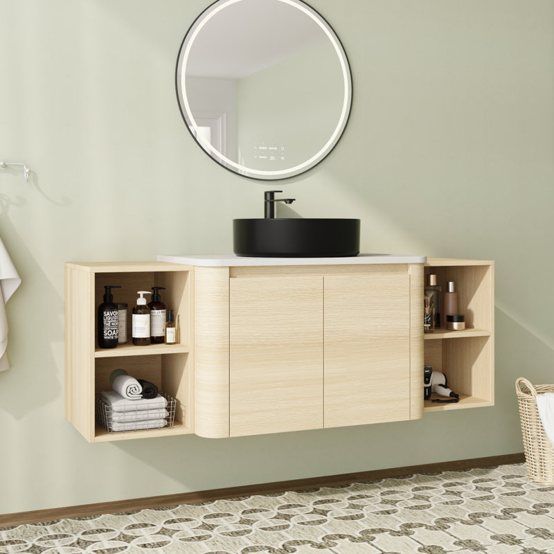 Meuble-lavabo simple mural 54 po avec plateau en pierre reconstituée et portes à fermeture en douceur 54 po