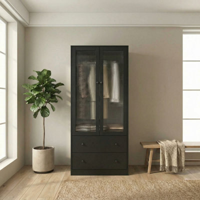 20" D Armoire Wardrobe Closet With Fluted Glass And Drawers, 71" H Clothing Storage Cabinet With Hanging Rod And Soft-Close Doors