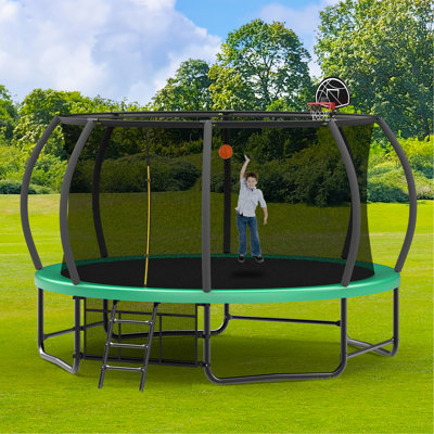 Trampoline 14FT avec enceinte - Trampolines récréatives avec échelle et revêtement anti-rouille, trampoline extérieur homologué ASTM pour enfants