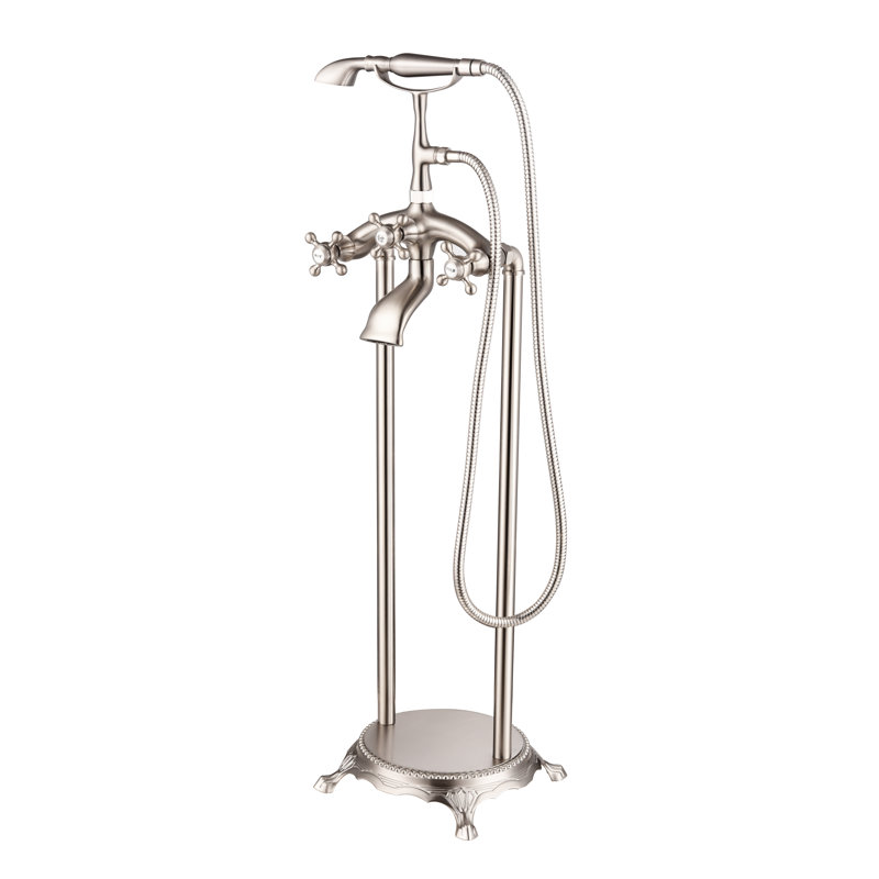 3 Handle Floor Clawfoot Tub Faucet with Diverter, Brushed Nickel