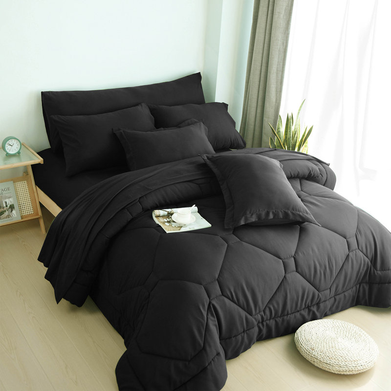  Ensemble d'édredon 8 pièces avec draps toutes saisons dans un sac, Noir, Édredon grand + 7 articles supplémentaires