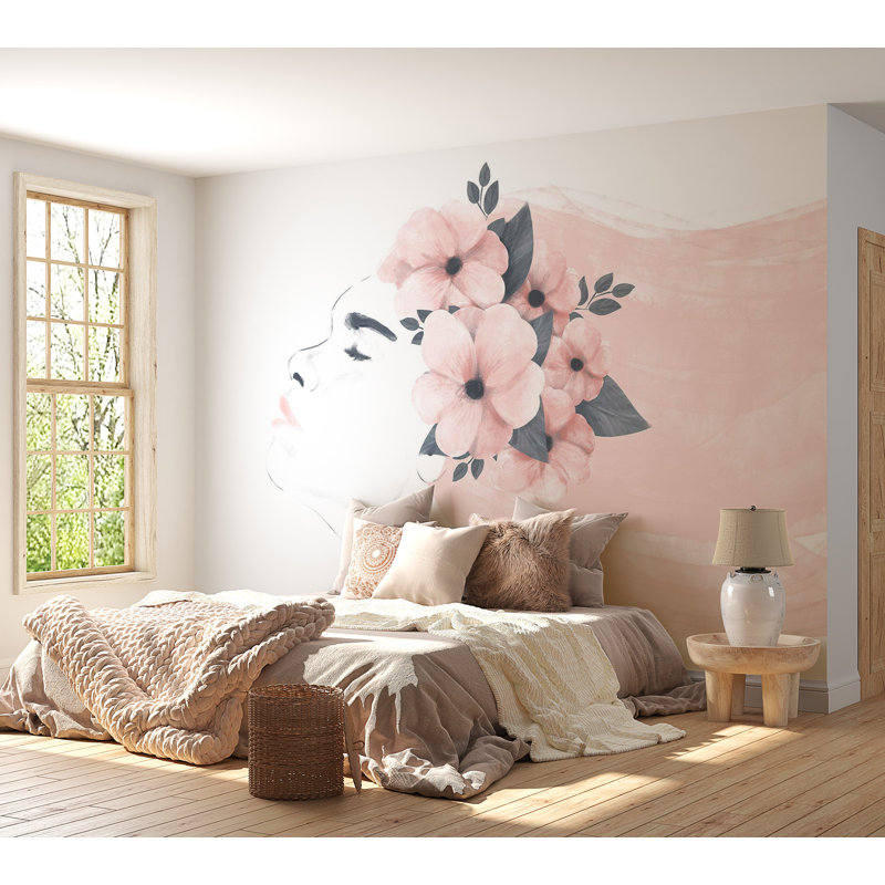 Murale abstraite - Femme avec des fleurs, L 110 po x l 154 po, Peler et coller