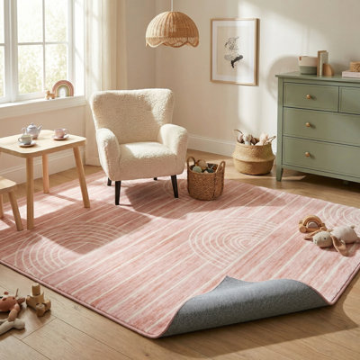 Tapis rose / crème à motif géométrique pour enfants 4 pi x 6 pi (3 pi 11 po x 5 pi 10 po) Branch Branch Luma, tapis moderne, à poils moyens et résistant aux taches