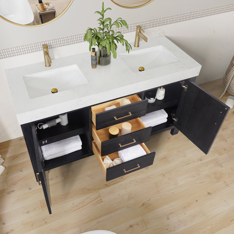 Ensemble de meuble-lavabo double 60 po Yazan, Blanc, Or, Noir