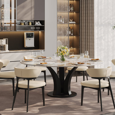 Ensemble de salle à manger contemporain 7 pièces, table ronde en faux marbre avec base florale en acier au carbone noir, 6 chaises rembourrées en similicuir avec pieds en bois massif
