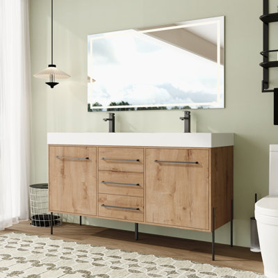 Meuble-lavabo double autoportant 60 po avec plateau en résine et portes et tiroirs à fermeture en douceur Nyrith