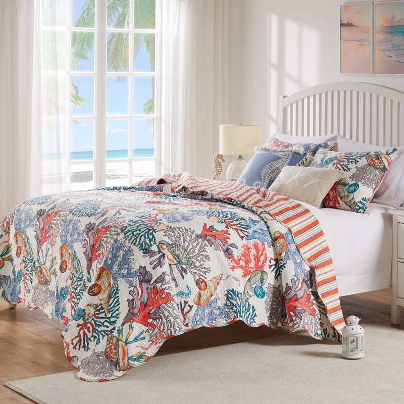 King Size Reversible Nautical Microfiber Quilt Set in Brown and Jade
