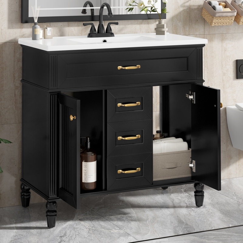 Van Meuble-lavabo noir 36 po】 - Combinaison de lavabo en céramique, tiroir supérieur rabattable, portes à fermeture en douceur et 2 tiroirs de rangement - Cadre en bois massif et en bois aggloméré, poignées dorées