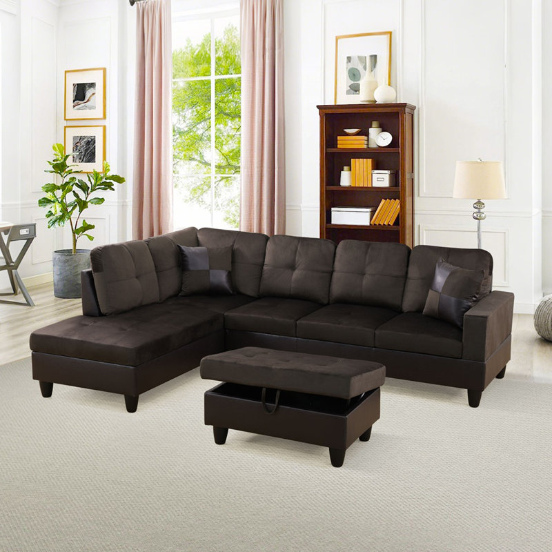 Sabra 3-Piece L Shaped Sectional Sofa, Chaise & Ottoman - Brown/ Dark Brown - 2 Tone, Left Hand Facing