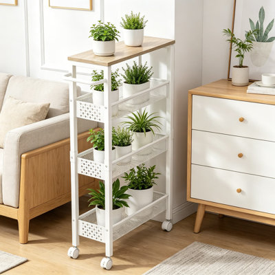 Slim Rolling Storage Cart With Wood Top, 4-Tier Narrow Space Organizer With Wheels And Handle For Kitchen, Laundry, Bathroom