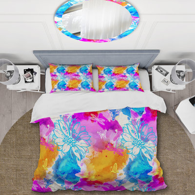 Ensemble de housse de couette en microfibre rose / bleu / jaune 2 pièces