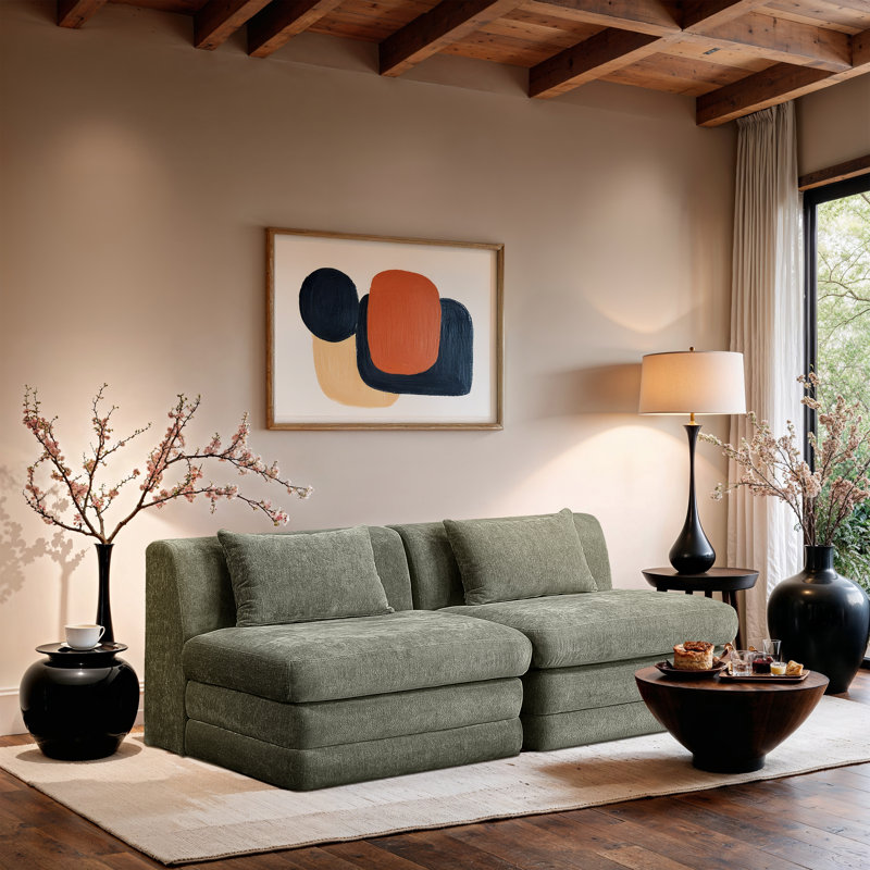Causeuse modulaire en tissu Eilene Chenille, Tissu chenille vert, 2 sans accoudoirs