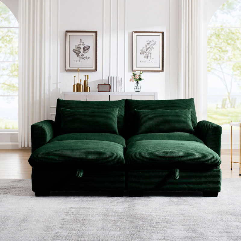 Repose-pieds en velours côtelé 2 places avec rangement pour l'esthétique du salon, Vert