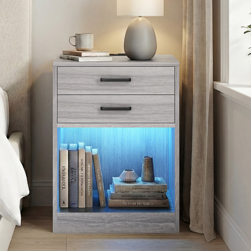 Modern Gray Nightstands with Multi-color RGB LED Lights & Charging Station, 2 Drawers & Open Shelf in Minimalist Style, Gray