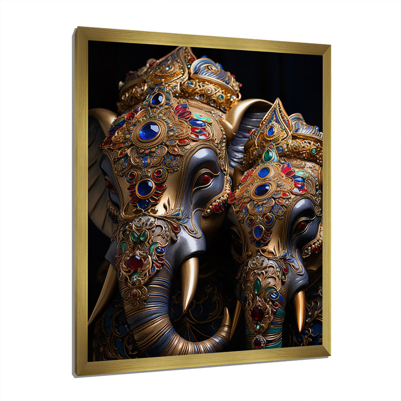 Art asiatique, éléphants thaïlandais III - impression, Encadrement doré, H 40 po x l 30 po x P 1,5 po