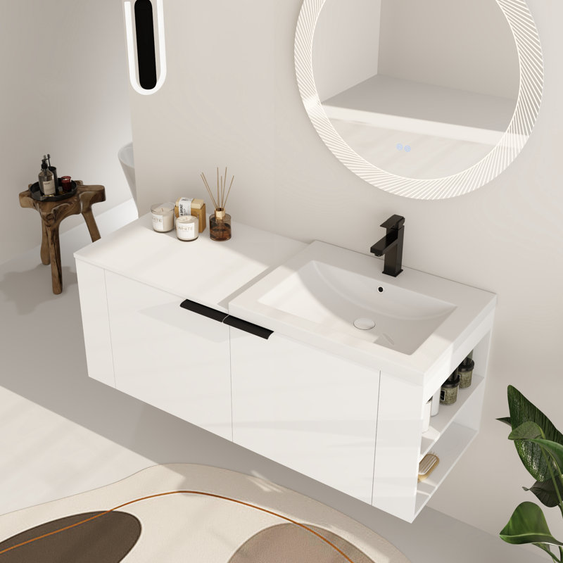 Ensemble de meuble-lavabo simple 48 po avec plateau en résine Habrough, Blanc, 48"