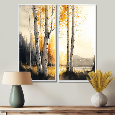 Art mural sur toile de bouleaux pendant l'heure dorée au bord du lac III - paysages forestiers