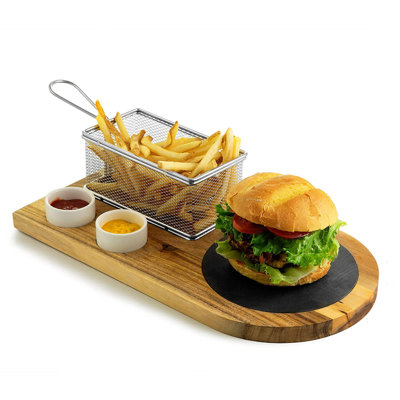 Yukon Glory burger board set with acacia wood, slate, fry basket and ceramic cups