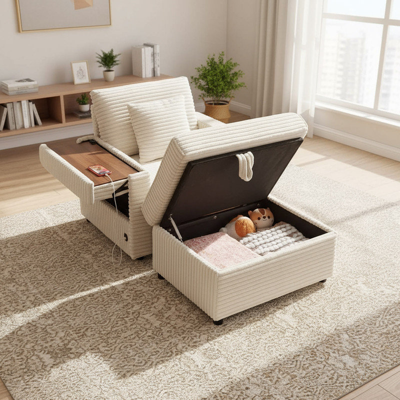 Méridienne de lecture avec ports de chargement USB, porte-gobelets, repose-pieds de rangement et tableau, Blanc