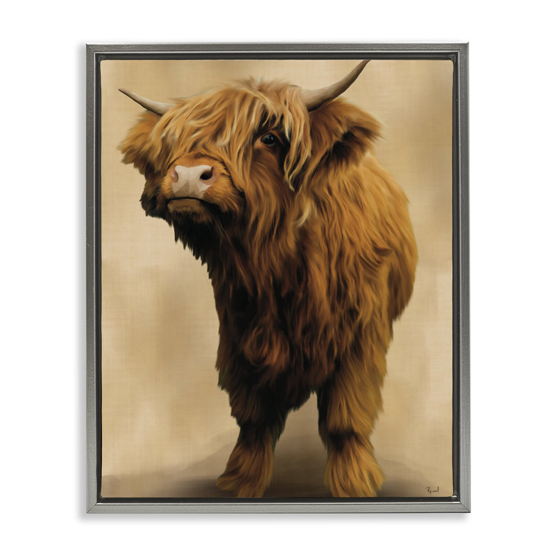 Mini vache Highland sur cadre flottant neutre, design par Renel Peters, H 31 po x l 25 po, Cadre flottant gris lustré
