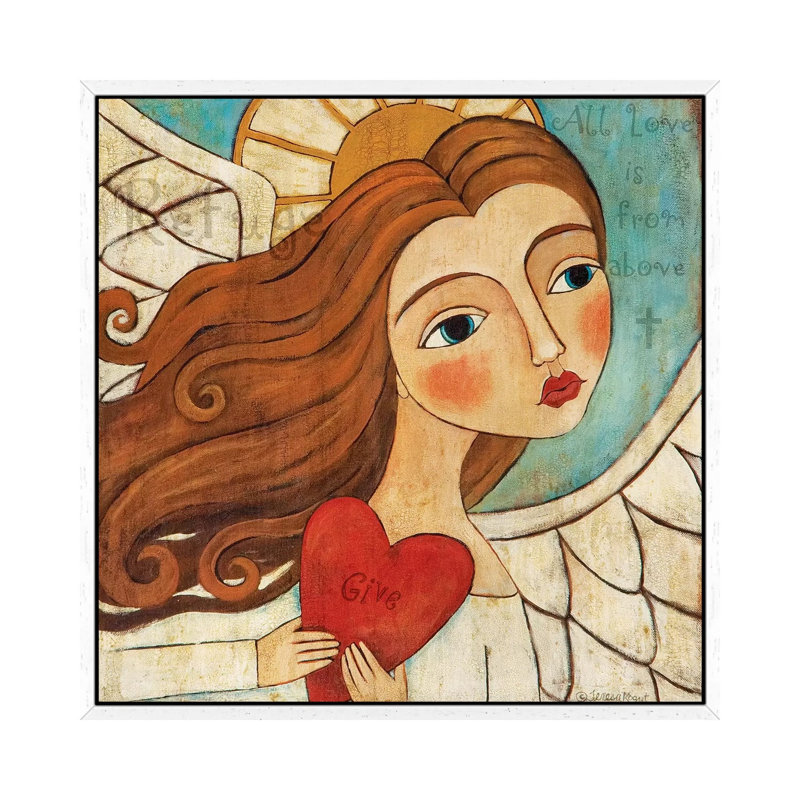 Angel In Blue With Word by Teresa Kogut - Painting on Canvas, White Framed, 45.72 cm H x 45.72 cm W