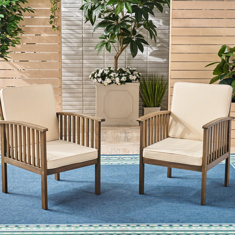 Deeply-Seated Outdoor Chairs  2  - Fabric Cushions Deep Seated Wood Seating   Of 2  Comfortable, Gray, Cream