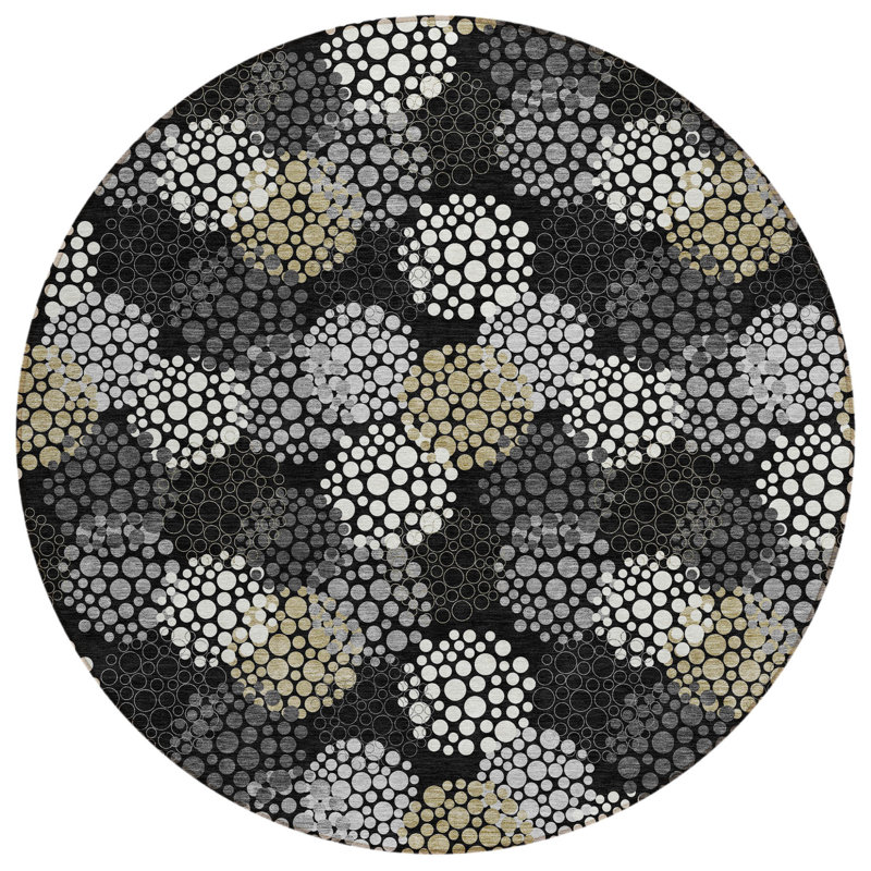 Tapis intérieur lavable à pois rond noir et ivoire 8 pi