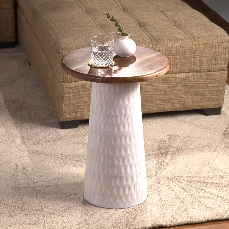 Hand-Carved Solid Wood Accent Round Top End Table, White