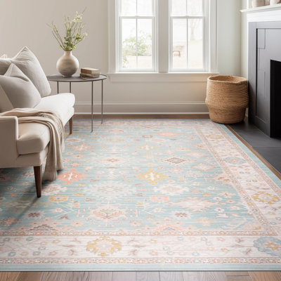 Ellen Traditional Oriental Aqua Polyester Rectangle Area Rug, 5'3'' x 7'