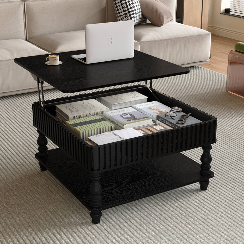 Table basse carrée à plateau relevable cannelé avec rangement caché et ouvert, Noir